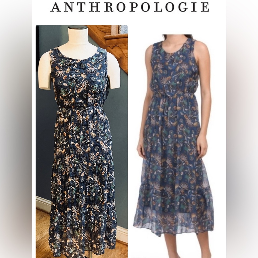Anthropologie Lara Guidotti Navy Floral Midi Maxi Dress Italian Silk Blend S EUC